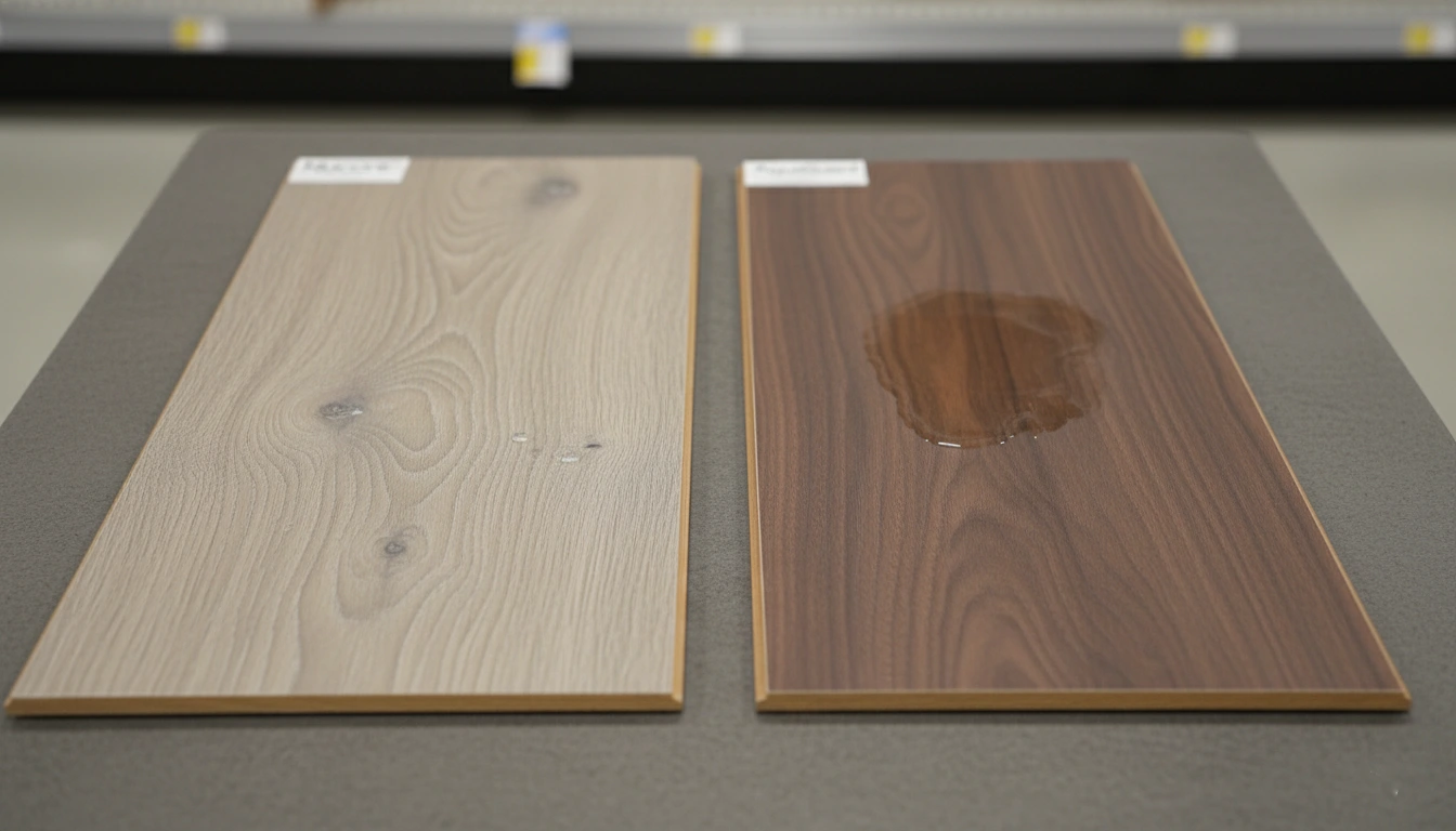 Side-by-side comparison of light wood-grain waterproof vinyl plank flooring and dark wood-grain water-resistant laminate flooring samples.