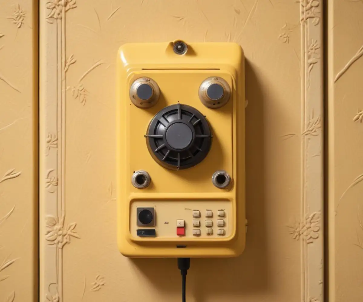 A close-up of a vintage, yellowed plastic intercom master station mounted on a textured wallpaper wall.