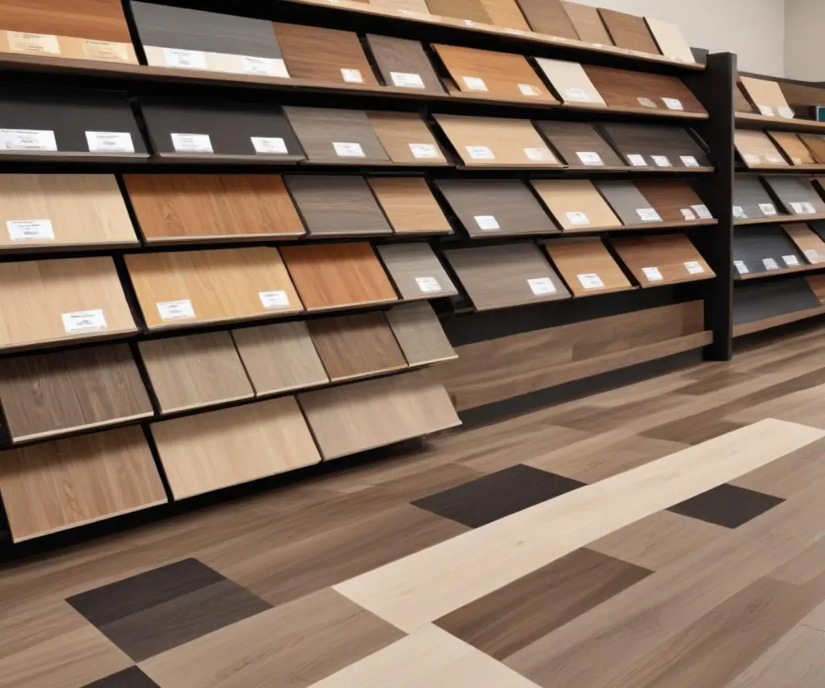 A display of luxury vinyl plank flooring samples in various light and dark wood finishes arranged on a showroom floor.