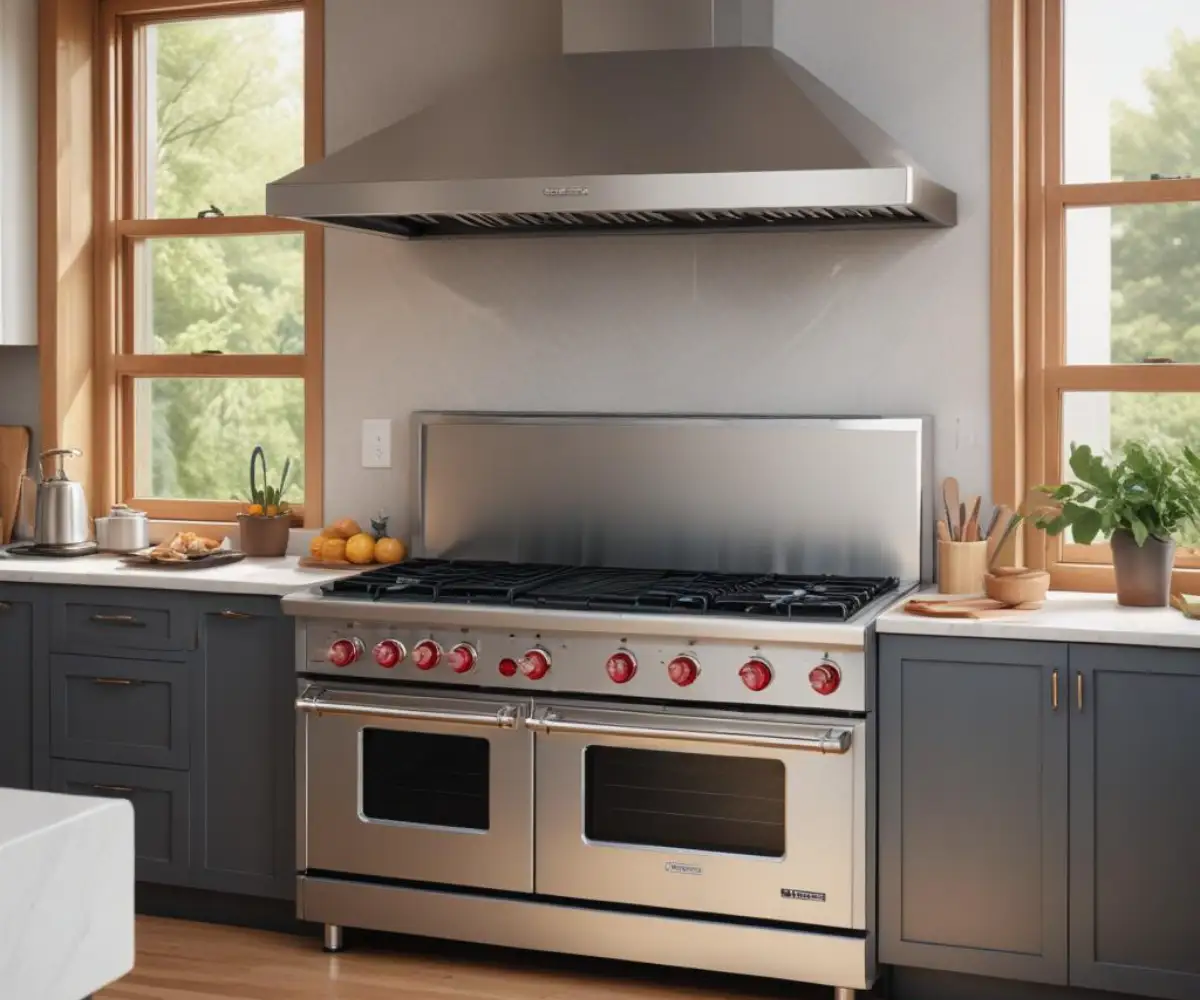 A professional-style stainless steel NXR gas range with six burners and a flat top griddle in a modern kitchen setting.
