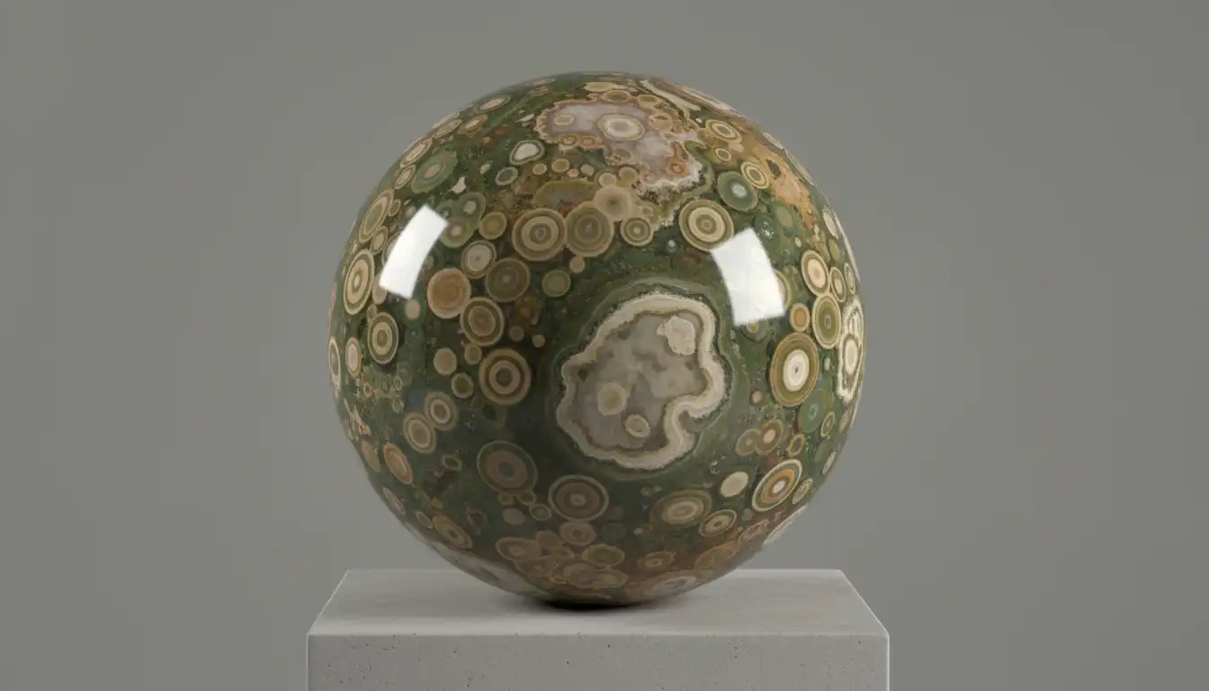 A polished, spherical piece of ocean jasper quartz displaying its characteristic orb-like patterns in shades of green, brown, and white against a solid, neutral background.