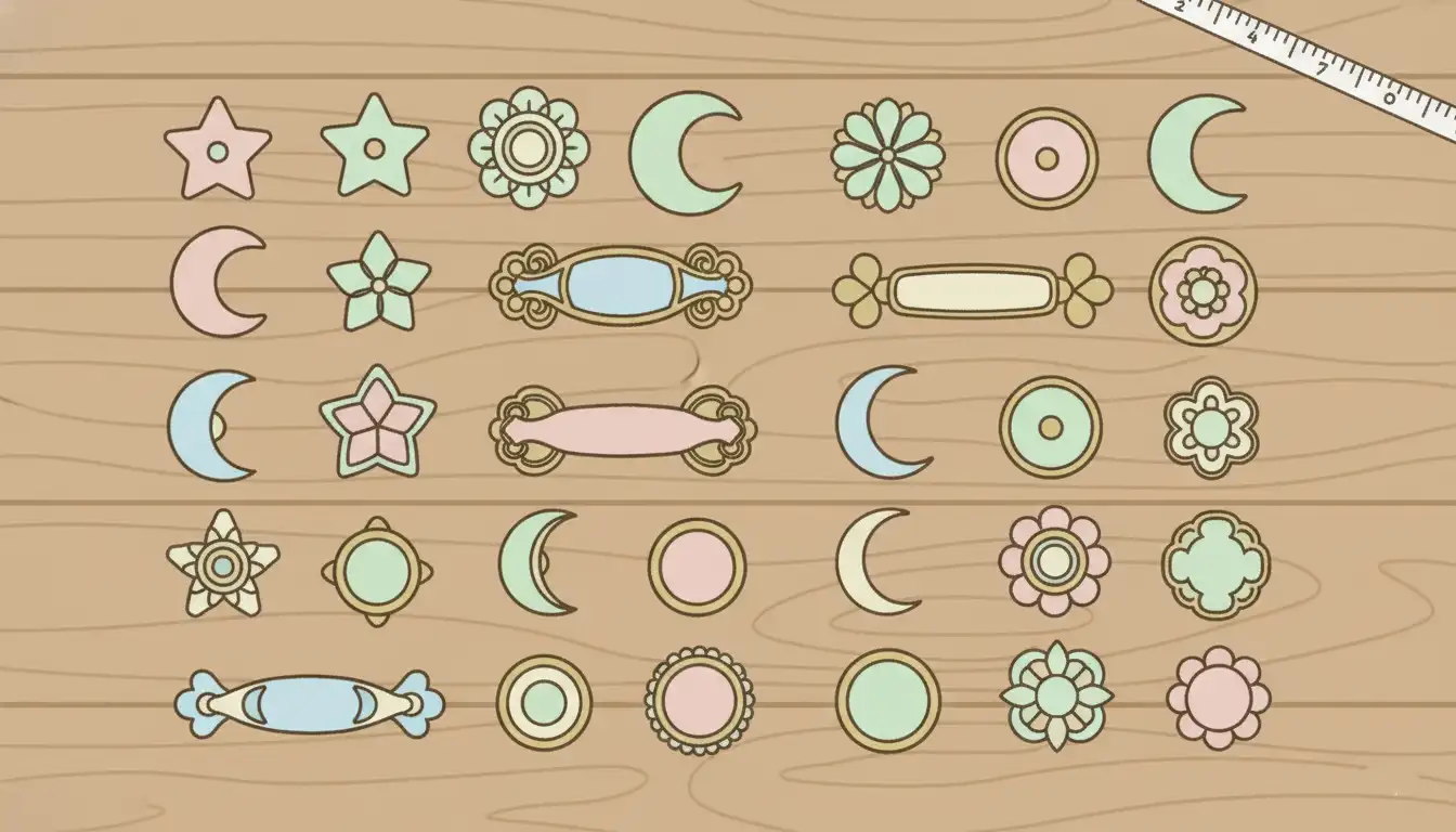 An assortment of uniquely sized vintage cabinet pulls and handles displayed neatly on a flat wooden surface.