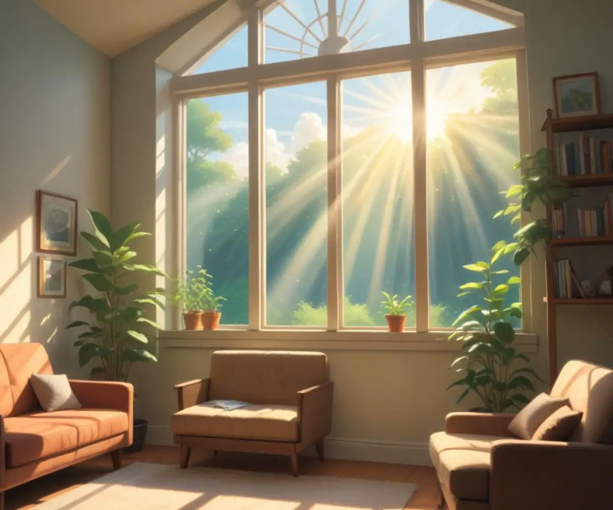 Sunbeams streaming through a window, illuminating a visible light haze within a modern living room.