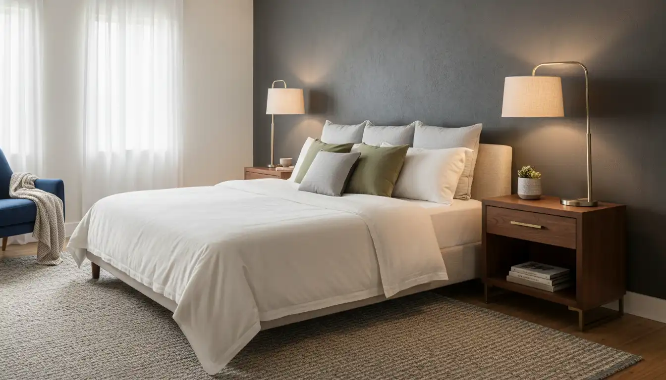 A bedroom with a queen-sized bed placed asymmetrically against a dark accent wall, with a single nightstand and a floor lamp.