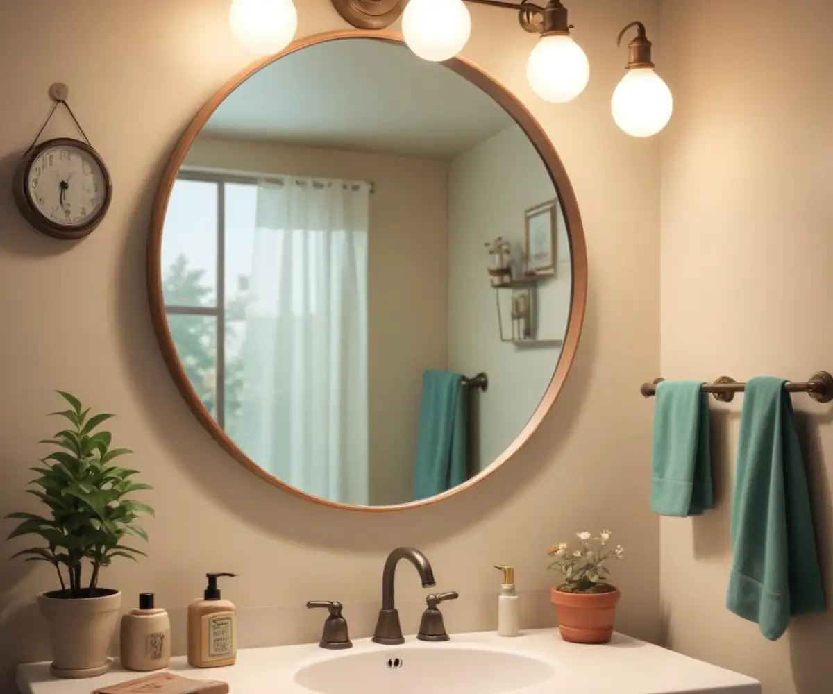 A modern, multi-bulb vanity light fixture mounted asymmetrically over a bathroom sink with a round mirror.