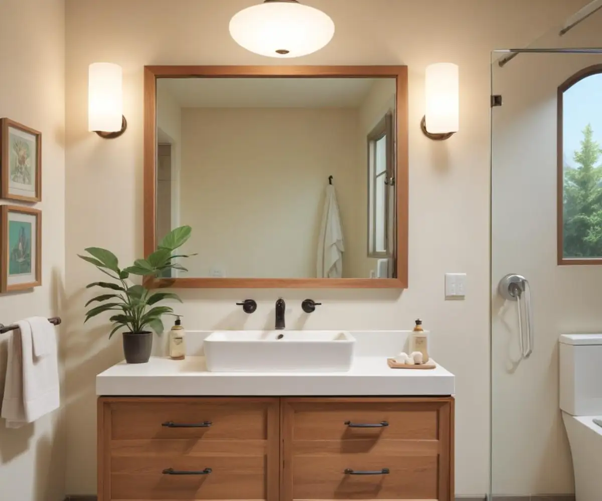 A modern bathroom vanity with a wide, horizontal light fixture perfectly centered above a rectangular mirror and white sink.