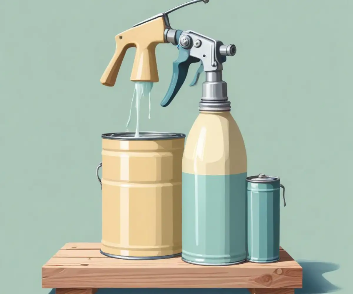 An HVLP paint sprayer resting on a wooden plank next to an open can of oil-based stain.