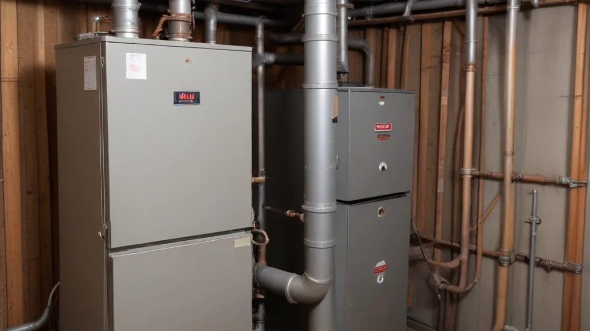 A dusty, disconnected oil furnace in a basement with its pipes and vents ready for removal.