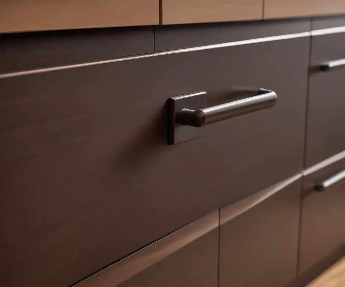 Close-up of an oil-rubbed bronze drawer pull mounted on a dark, flat-panel kitchen cabinet.