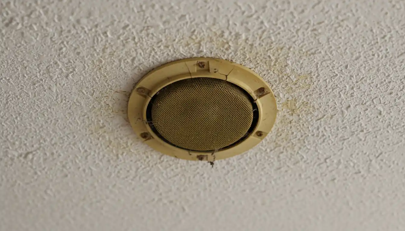 Aged, yellowed in-ceiling speaker mounted on a white textured ceiling.