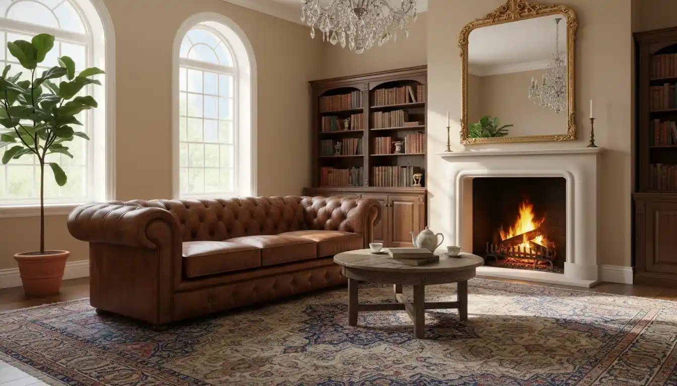 A classic brown leather Chesterfield sofa in a well-lit room.