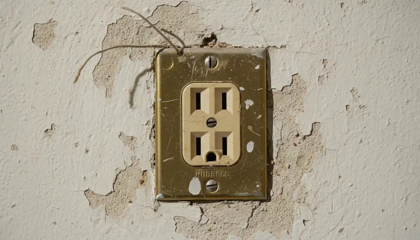Vintage two-prong electrical outlet on a plaster wall.