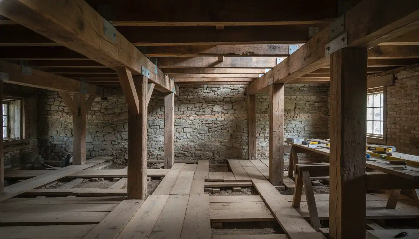 Exposed wooden support beams and foundation of an old house during structural inspection.
