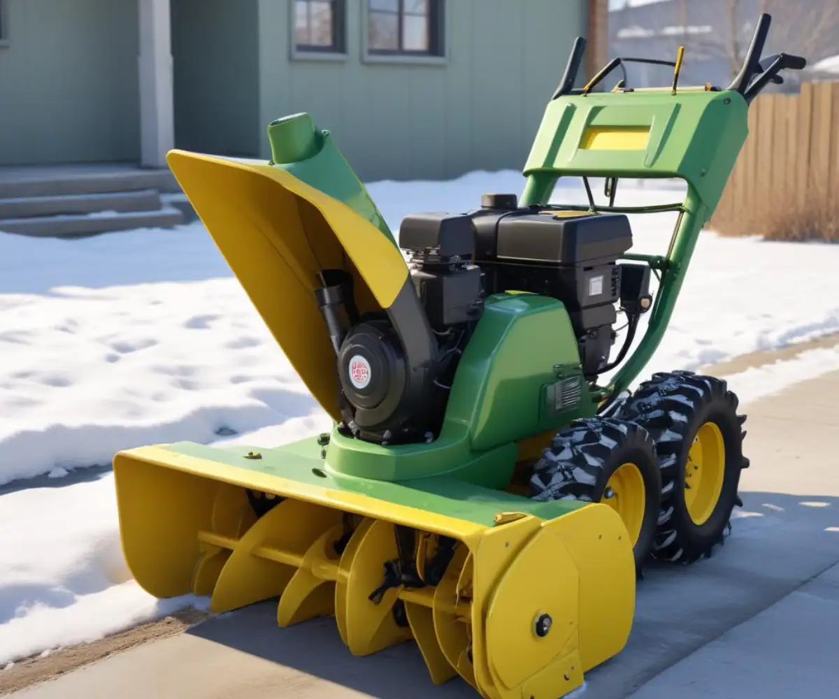 A vintage green and yellow walk-behind snowblower parked on a clean, light-gray concrete surface.
