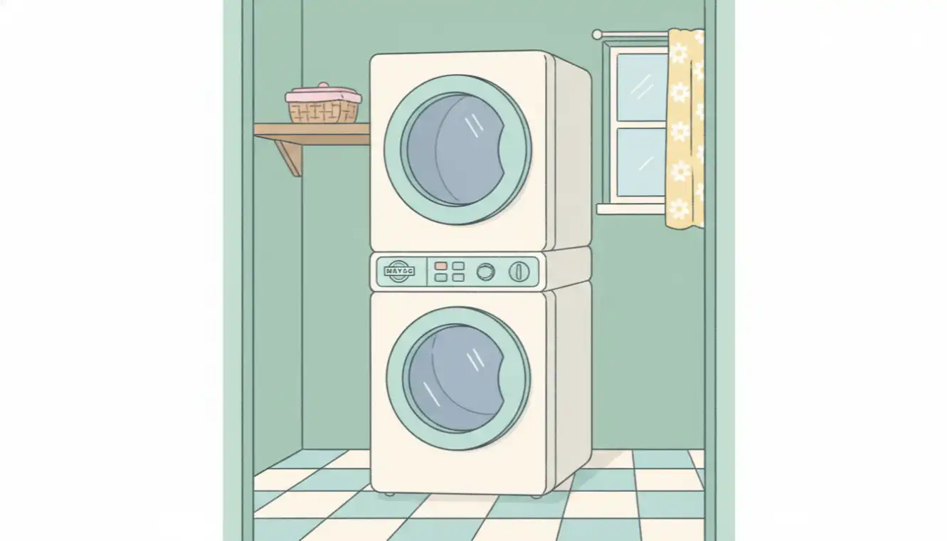 An older model white Maytag stackable washer and dryer unit installed in a laundry closet with a tiled floor.