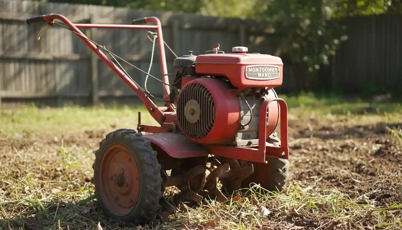 A vintage red Montgomery Ward garden tiller with long handlebars and a front-mounted engine.