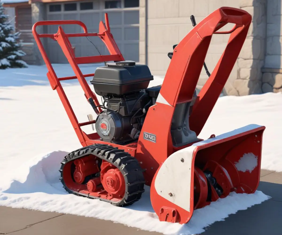 A vintage red and white MTD snowblower with signs of wear, parked on a clean concrete surface.