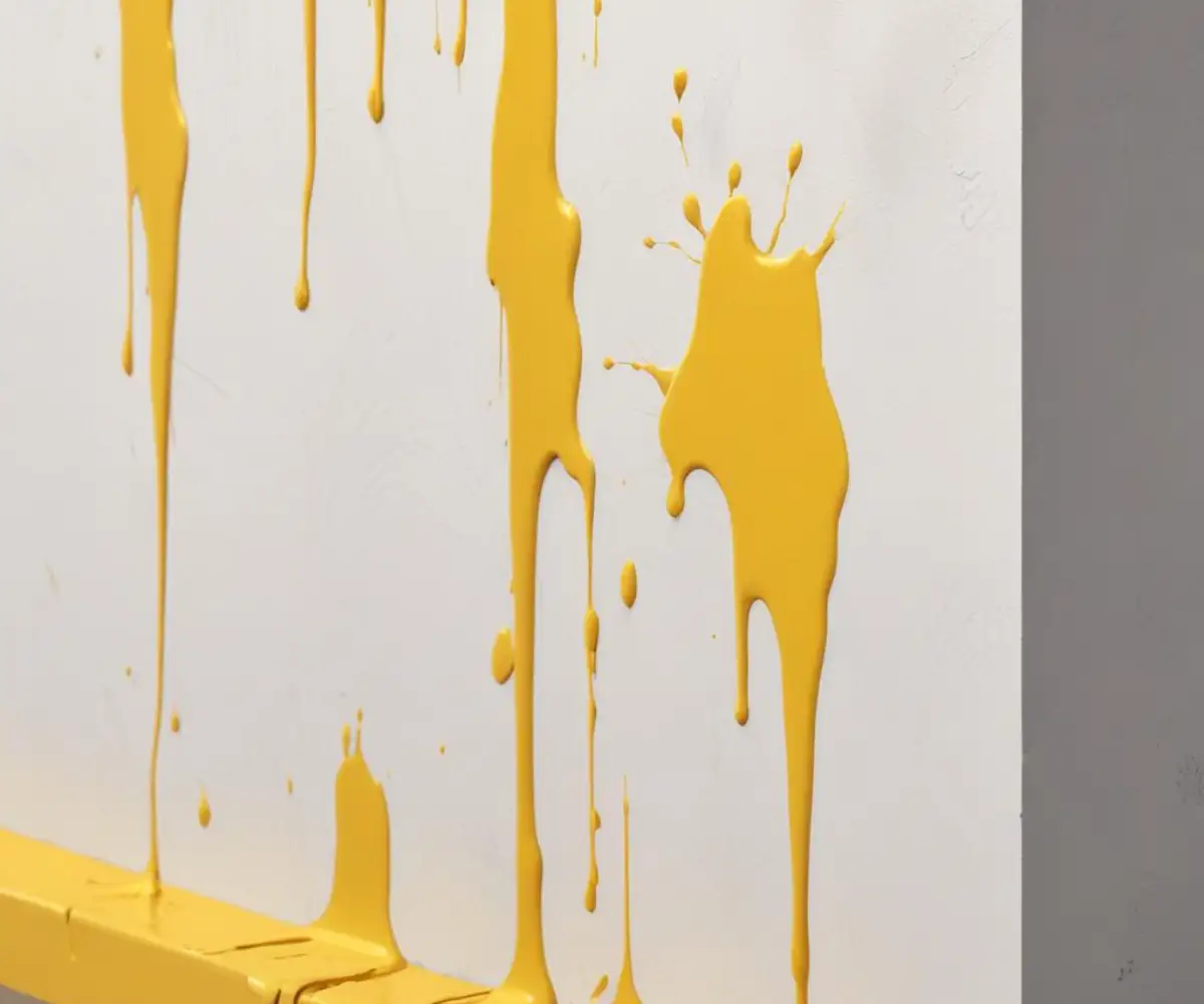 Close-up of a white painted wall with yellow stains bleeding through from the layer underneath.