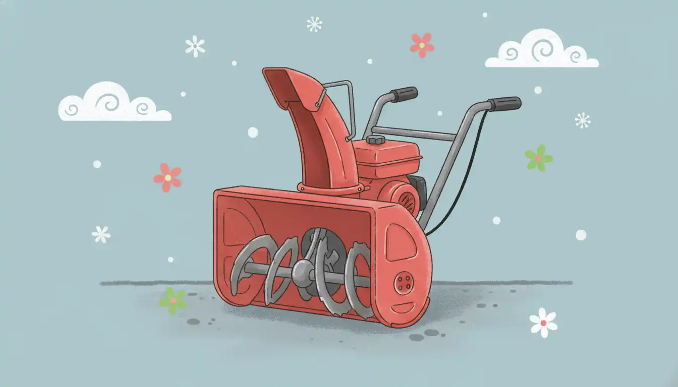 A vintage red metal snow blower with a single auger resting on a grey concrete surface.