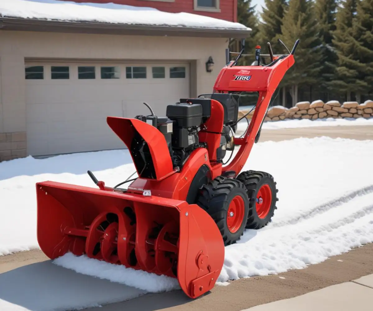 A red, two-stage Toro 724 snow blower parked on a clean, dry concrete surface.