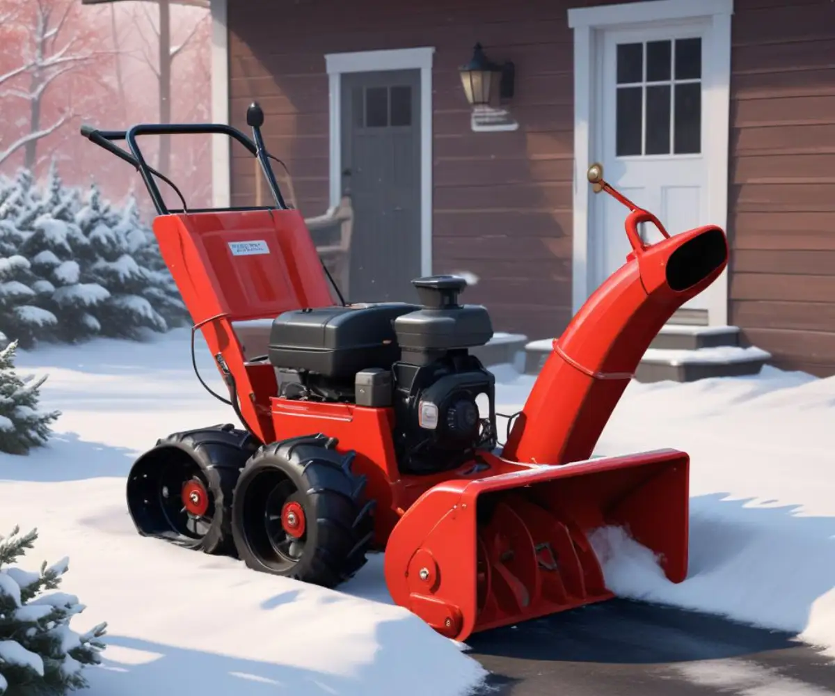 A vintage red snow blower with a metal chute and large black tires, sitting in a snowy driveway.