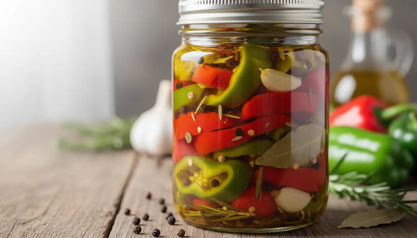 A glass jar of red and green peppers preserved in an oily sauce with visible herbs and spices.