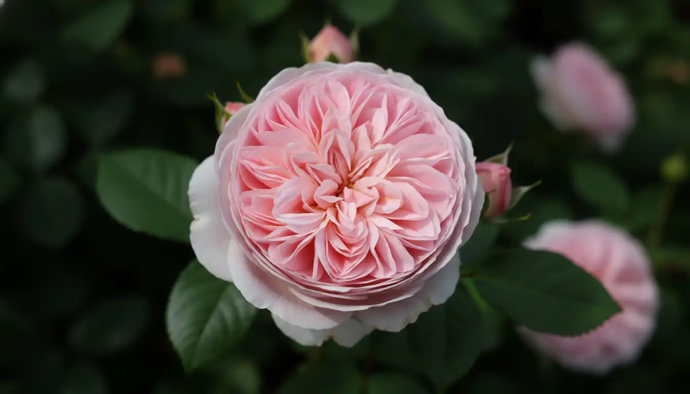 A soft pink, fully bloomed Olivia Rose Austin flower against a background of dark green leaves.