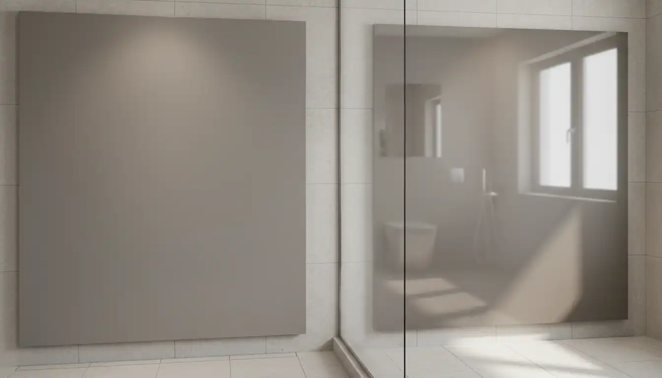 A side-by-side comparison of a matte and a glossy solid surface shower wall panel.