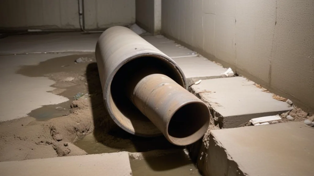 An open, dark sewer pipe in a damp, unfinished basement with a concrete floor.