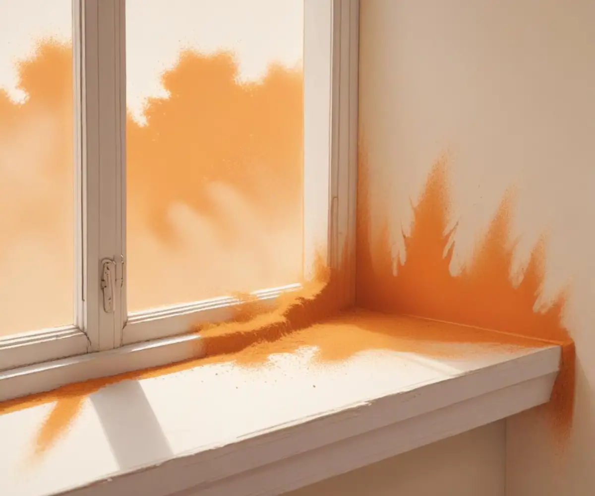Close-up of fine orange dust settled on a white windowsill in the corner of a room.
