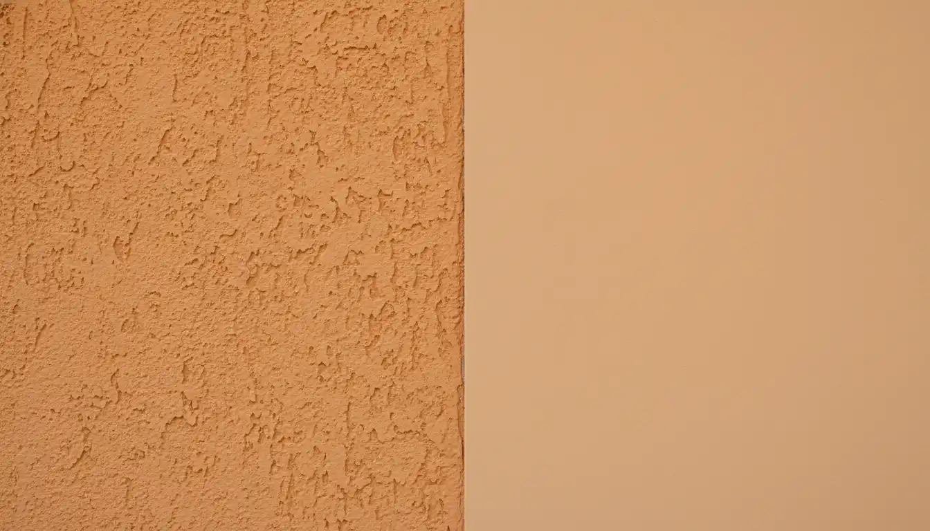 A side-by-side comparison of a bumpy orange peel textured wall next to a perfectly flat, smooth wall.