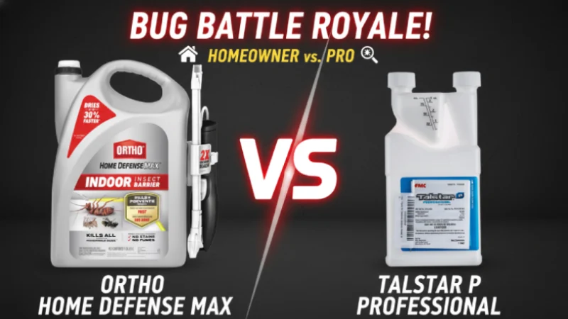 Two insecticide spray bottles, one ready-to-use with a wand and the other a concentrate, side-by-side on a wooden surface.