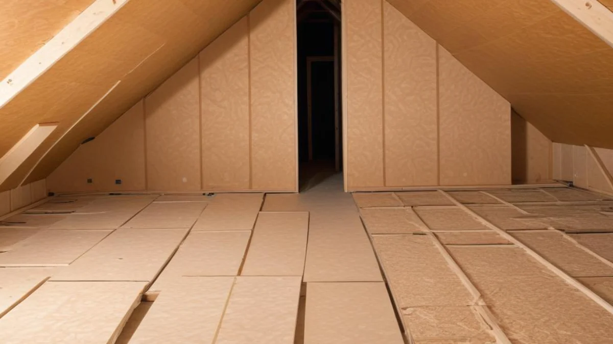 Partially installed attic flooring showing a comparison of OSB and plywood side-by-side in an unfinished attic space.
