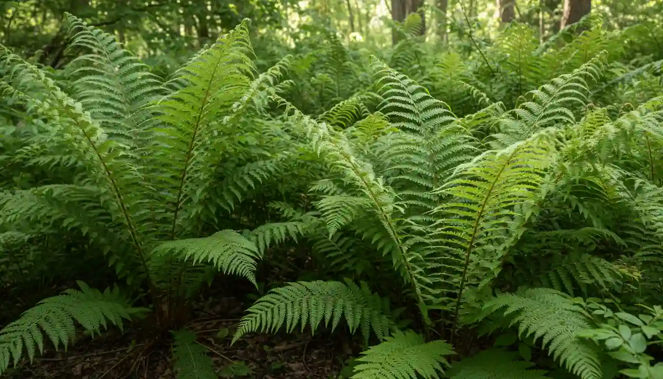 Lush, green, feathery fronds of ostrich ferns and lacy lady ferns growing together in a shaded woodland garden.