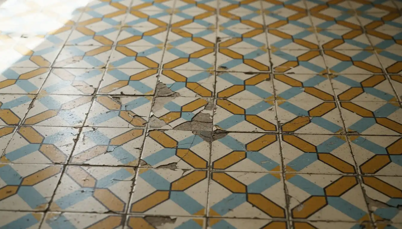 A worn and dated kitchen floor with cracked square ceramic tiles in a faded, repeating geometric pattern.