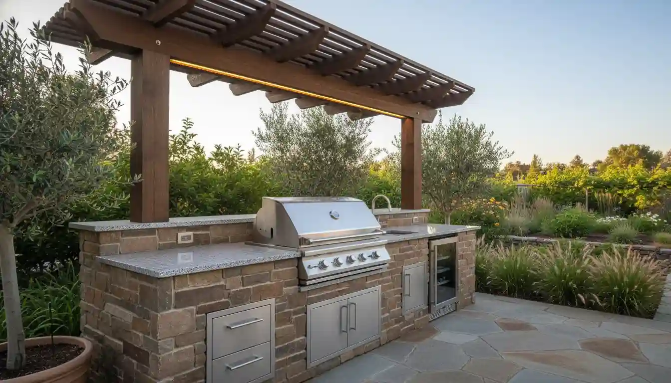 A modern outdoor kitchen with a built-in stainless steel grill and stone countertops under the shelter of a wooden patio cover.