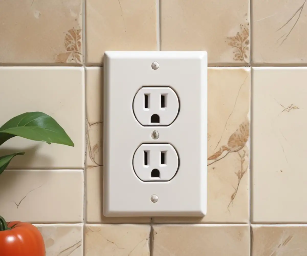 A white electrical outlet cover fitted securely against an uneven, textured tile backsplash in a kitchen setting.