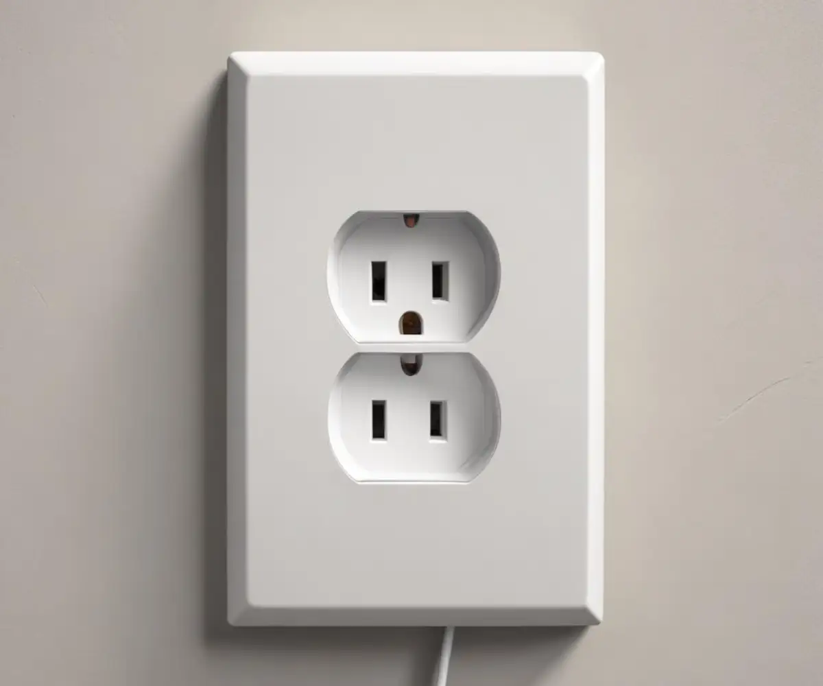 A close-up of a white electrical outlet that is recessed into a light gray wall, creating an uneven gap between the outlet and the cover plate.