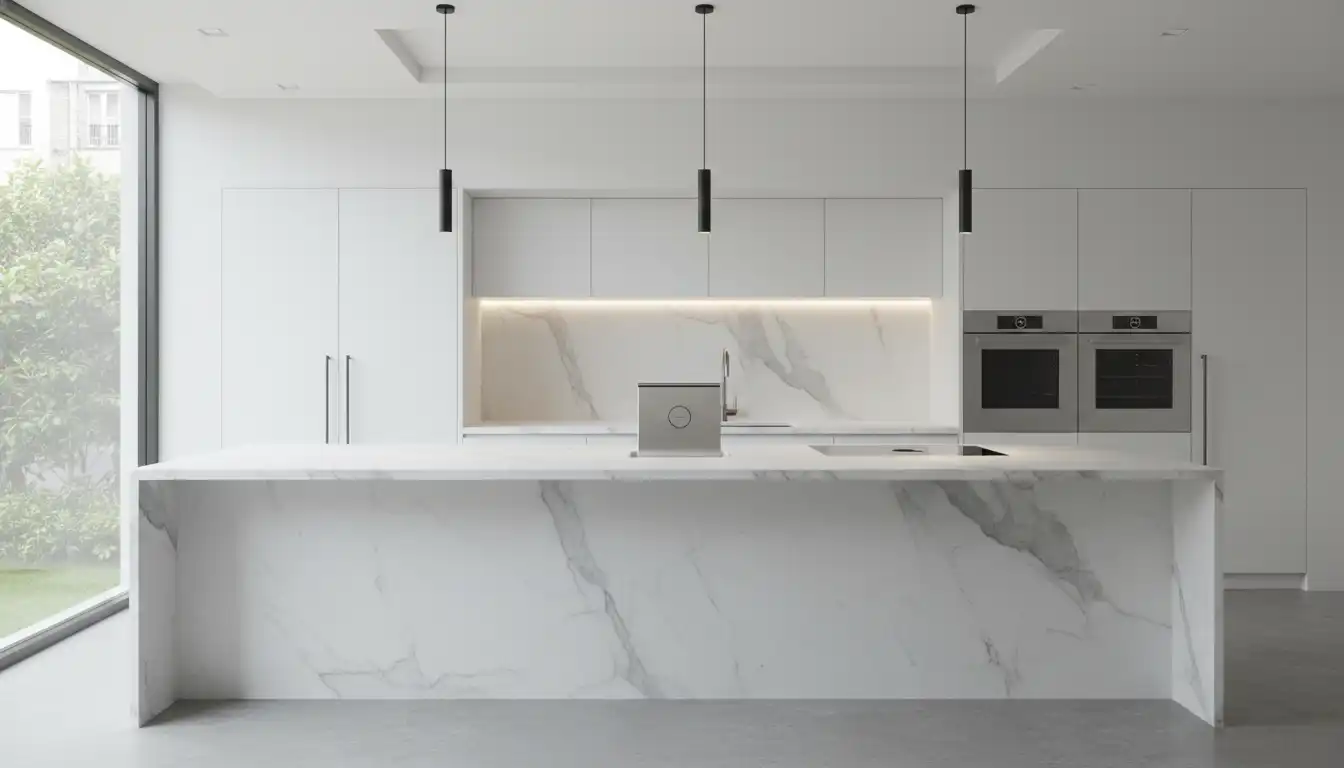 A sleek, modern kitchen featuring a white marble waterfall island with a seamlessly integrated pop-up electrical outlet on the countertop.