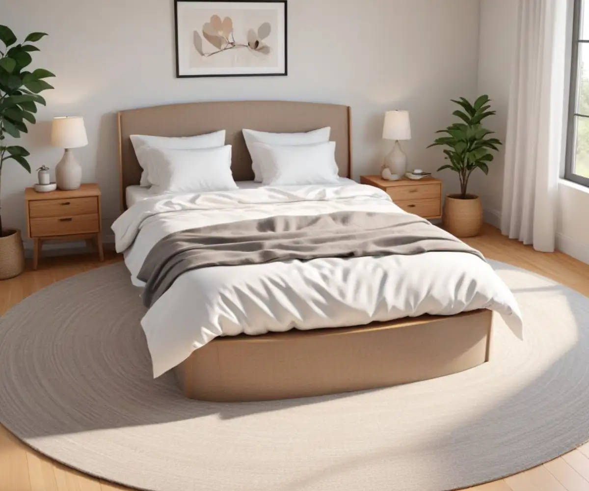 A queen-sized bed with a white duvet is centered on a large, gray oval jute rug in a brightly lit bedroom with light wood flooring.