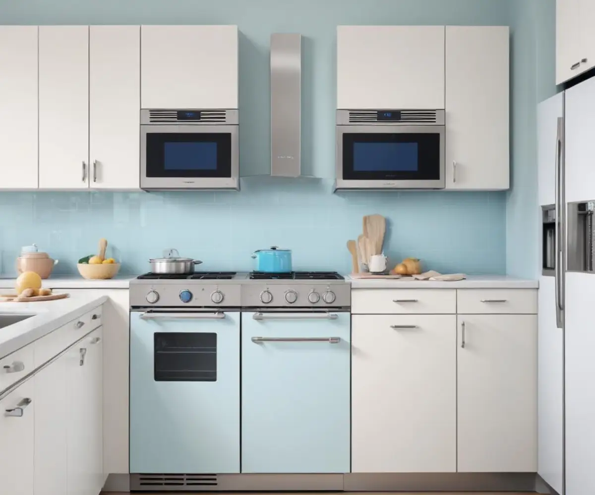 A sleek, stainless steel double wall oven with blue digital clock displays, installed flush into a modern white kitchen cabinet.