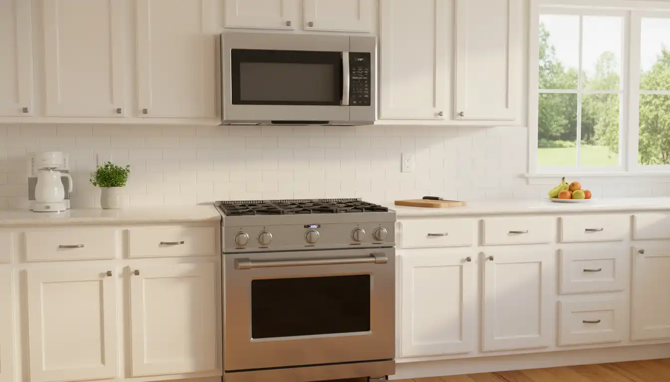An over-the-range microwave with stainless steel finished sides installed between white kitchen cabinets above a stove.