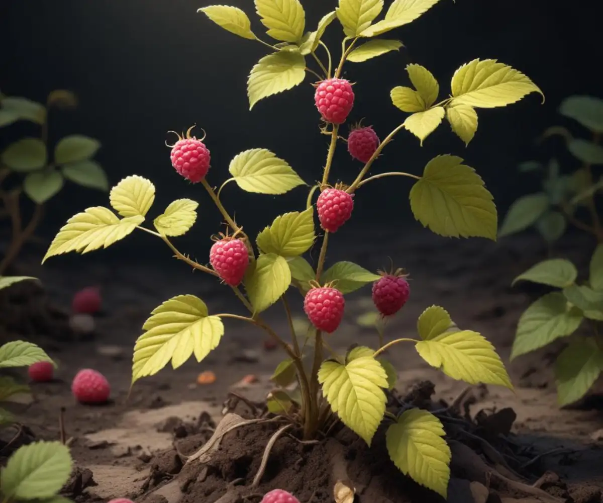 A wilting raspberry plant with yellowing leaves and soft, mushy stems in overly saturated, dark soil.