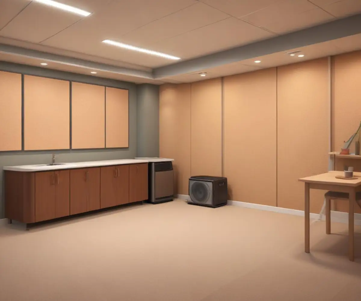 A renovated basement featuring insulated wall panels and an acoustic drop ceiling.