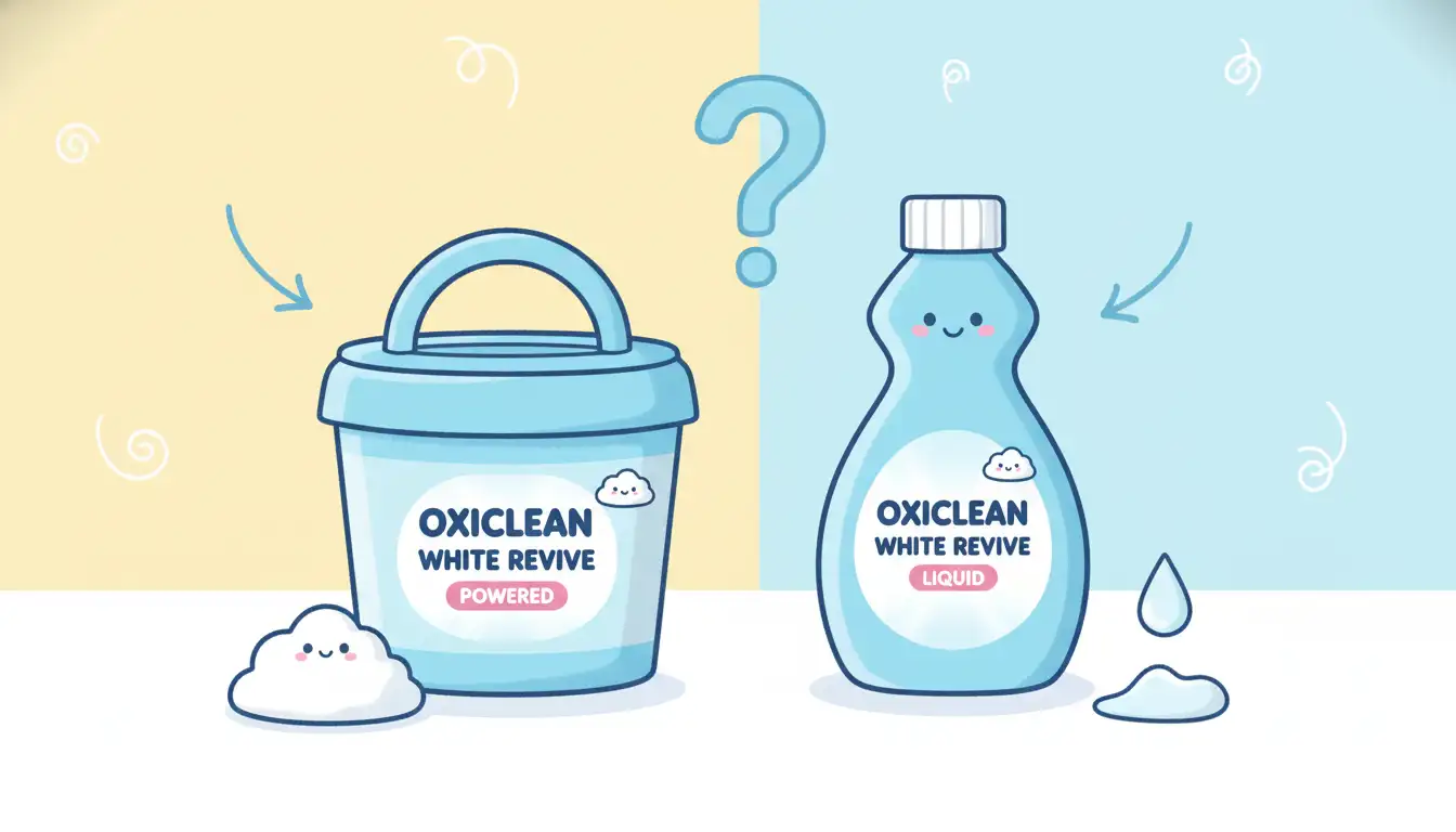 A container of OxiClean White Revive powder next to a bottle of OxiClean White Revive liquid on a clean, white surface.