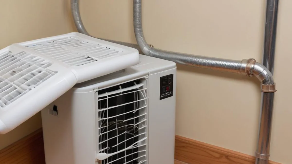 An ozone generator with a flexible tube connected to a home's metal air duct system for mold remediation.