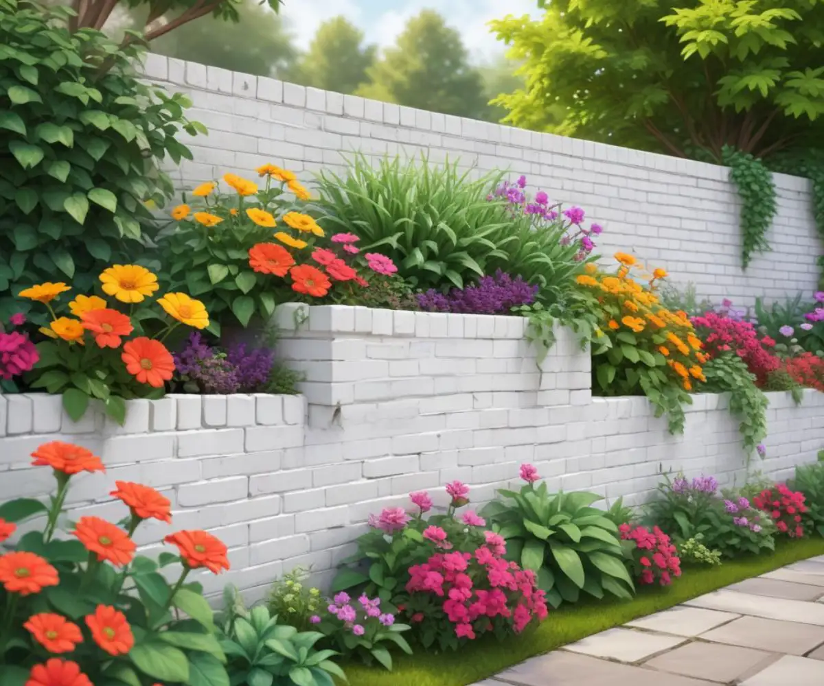 A freshly painted white brick retaining wall bordering a lush garden bed with green foliage and colorful flowers.