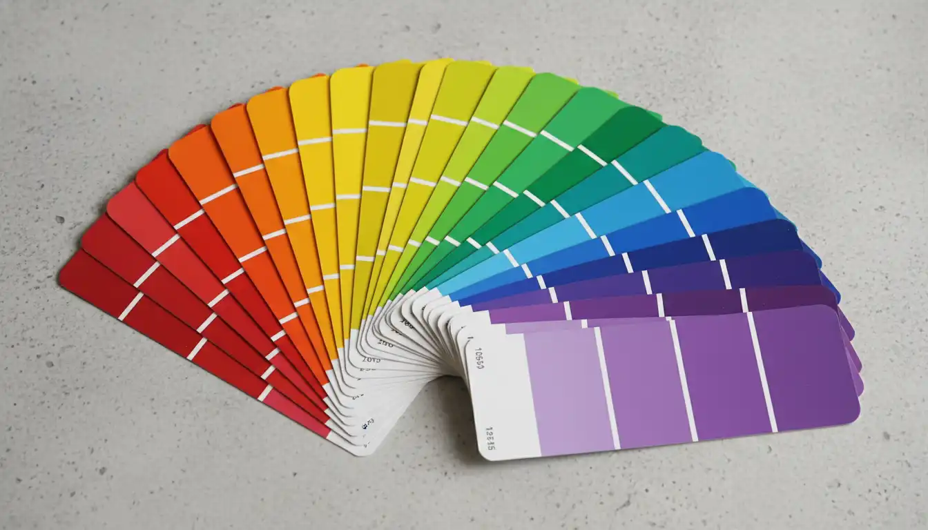 Colorful paint swatch cards fanned out in a vibrant gradient on a light gray surface.