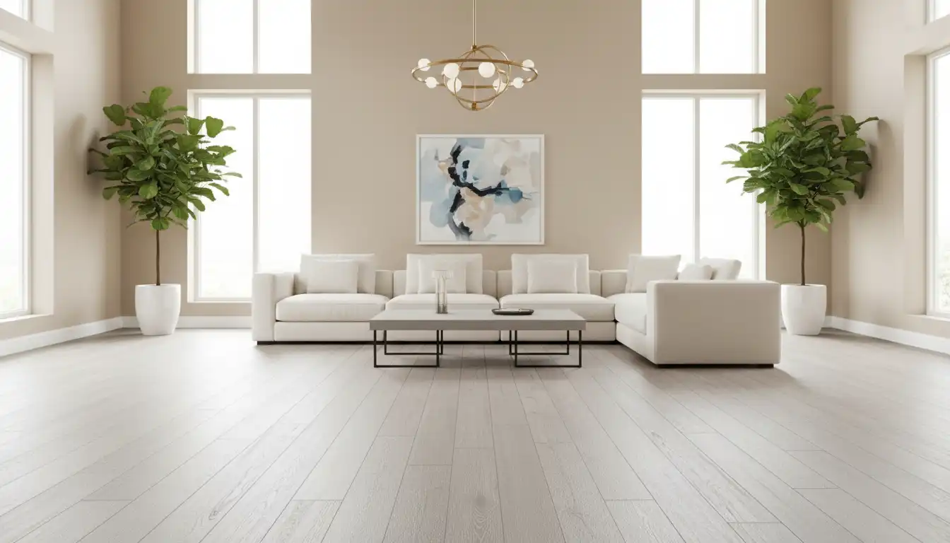 A bright, modern room with light gray sterling oak floors and walls painted in a complementary neutral color.