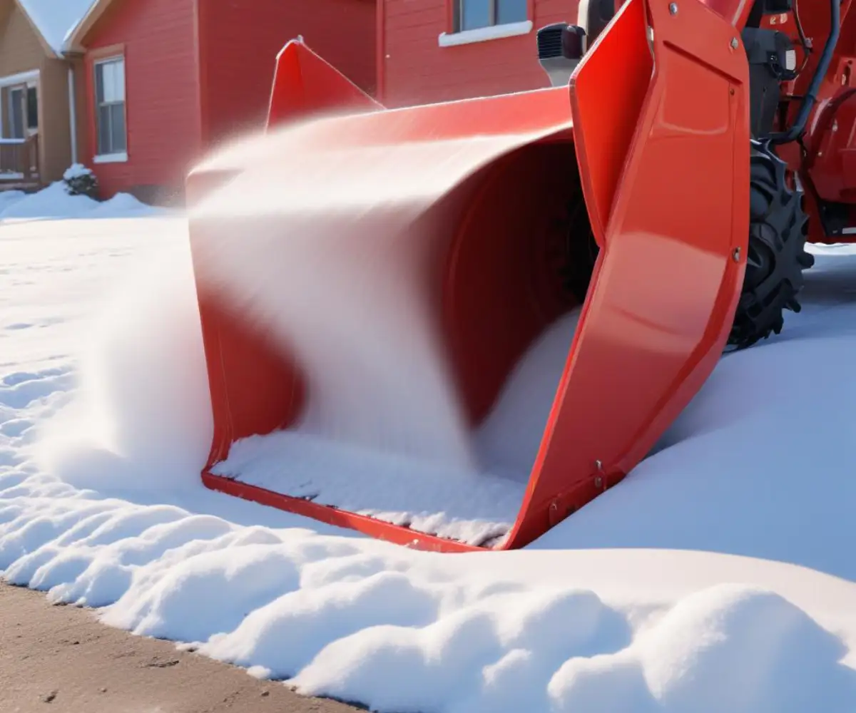 A close-up of a glossy red, freshly painted snowblower discharge chute.
